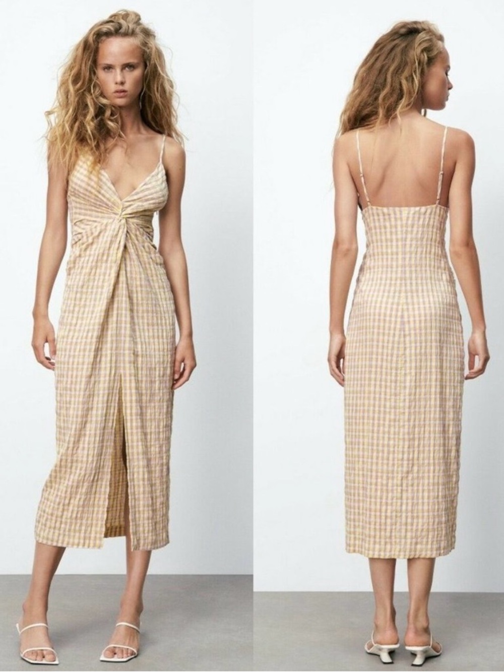 Spaghetti-Strap Midi Dress in Yellow Gingham